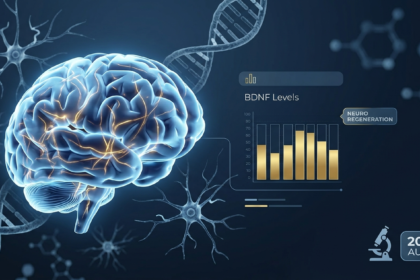 Scientific visualization of activated neural pathways, BDNF increase chart, and neuroplasticity audit - Global Wellness Lab premium medical aesthetic.