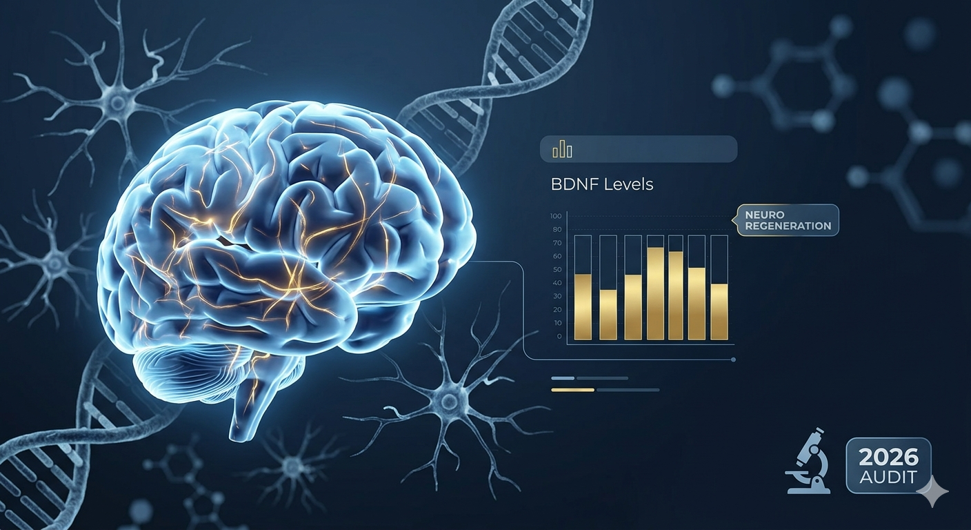 Scientific visualization of activated neural pathways, BDNF increase chart, and neuroplasticity audit - Global Wellness Lab premium medical aesthetic.